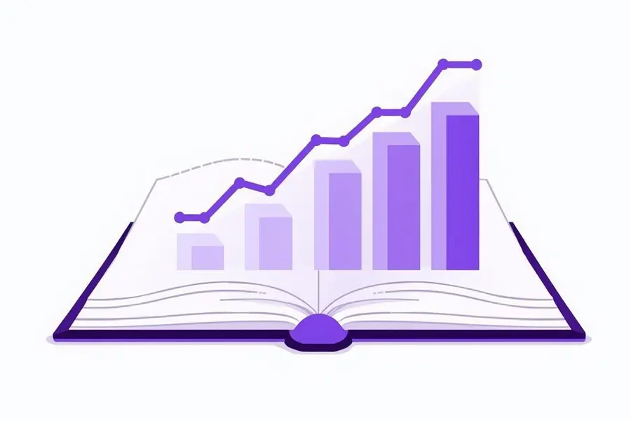 purple book with purple line/bar graph coming out of it