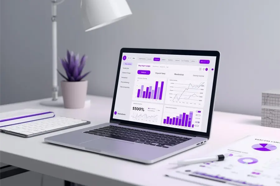 laptop on white desk with purple financial charts and graphs on the screen and purple plant in the background with papers to the right
